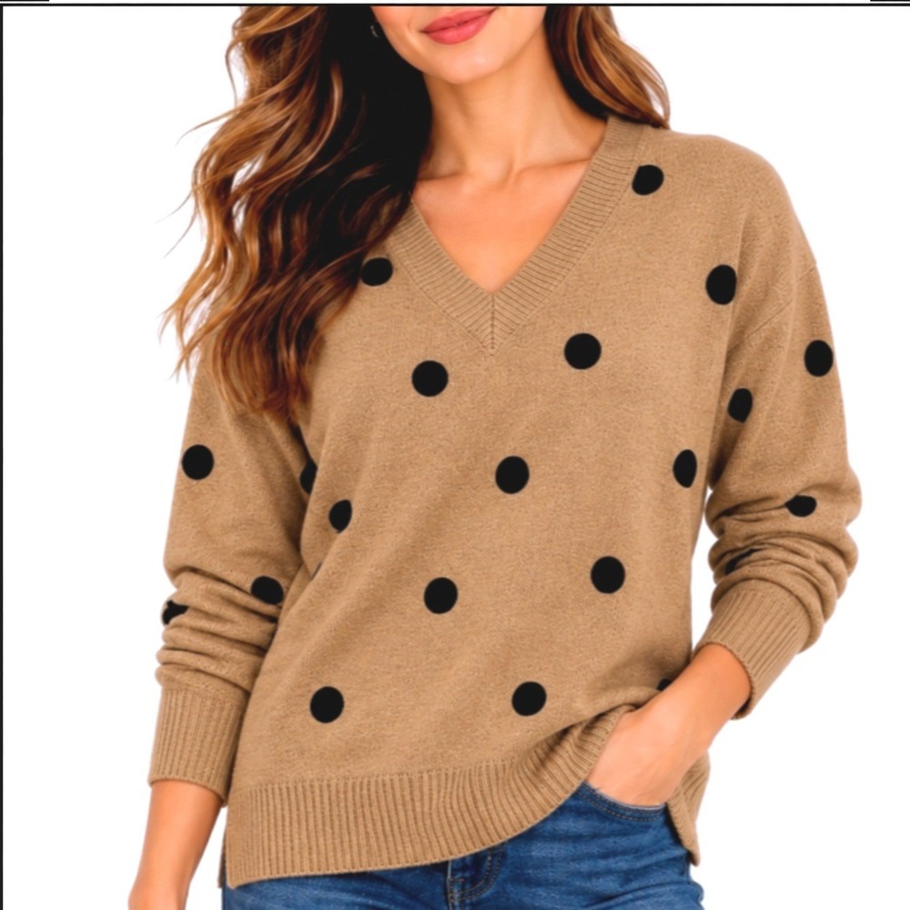 Philosophy Women's 1X Camel Brown Polka Dot V-Neck Oversized Knit Sweater